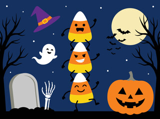 Naklejka premium Cute Halloween Illustration Featuring Stacked Candy Corn, Pumpkin, Ghost and Cemetery Background