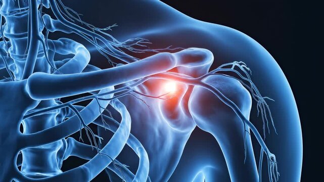 3D medical visualization of human shoulder joint skeleton with clavicle scapula and painful inflammation glowing red