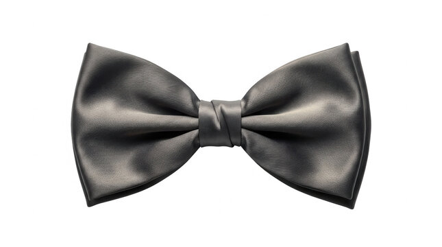 Eine elegante schwarze Fliege aus gl&auml;nzendem Satin-Stoff, isoliert auf einem rein wei&szlig;en Hintergrund, perfekt f&uuml;r formelle Anl&auml;sse, Hochzeiten oder festliche Abendgarderobe.