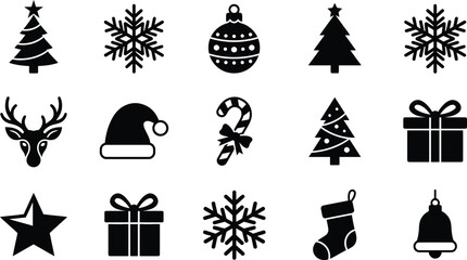 Naklejka premium Grid set of black silhouette christmas icons featuring trees snowflakes gifts and holiday symbols holiday collection winter symbols pine tree gift box santa hat