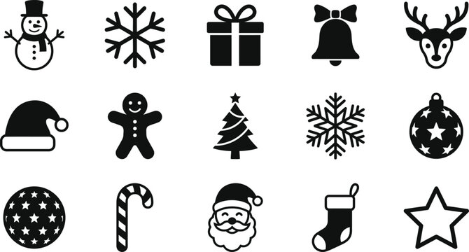 Set of black and white christmas icons including snowman snowflake gift bell reindeer santa hat gingerbread tree ornament candy cane and star with christmas elements