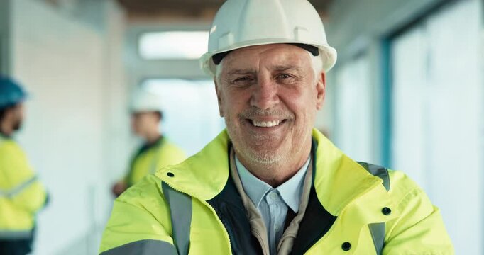 Construction, face and man on site with helmet, contractor and ambition in industrial development. Happy, portrait and mature engineer with ppe hardhat, handyman and confidence in building project.