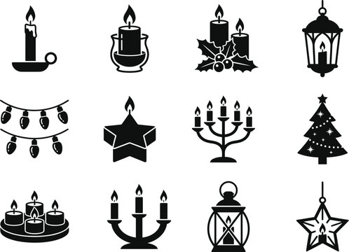 Collection of christmas candle and lighting vector icons with lanterns and decorative stars christmas candles holiday lighting star ornaments christmas tree religion