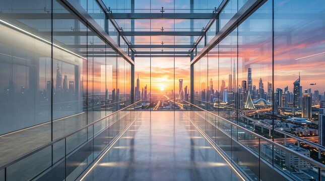 Modern glass skybox corridor with reflective floor overlooking city skyline at golden sunset, futuristic architecture, business and urban perspective concept with copy space