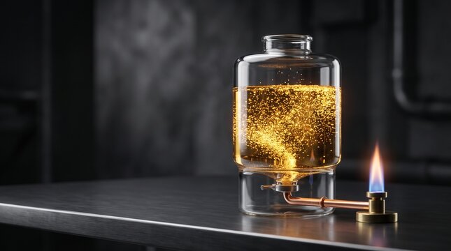 Glass jar filled with glowing golden liquid and sparkling particles beside small blue gas flame on dark metal surface, energy, science and industry concept with copy space