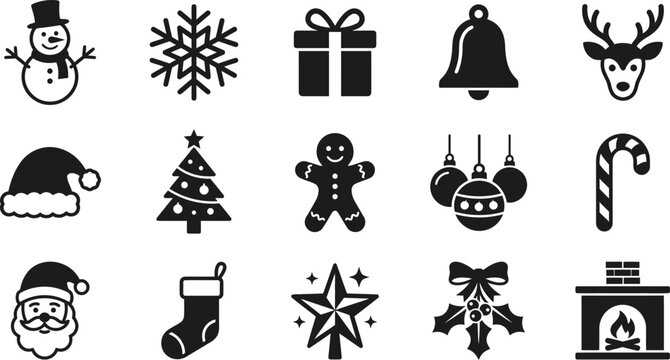 Set of black silhouette christmas icons including snowman snowflake gift box reindeer and santa claus with holiday set winter elements christmas symbols snowman icon