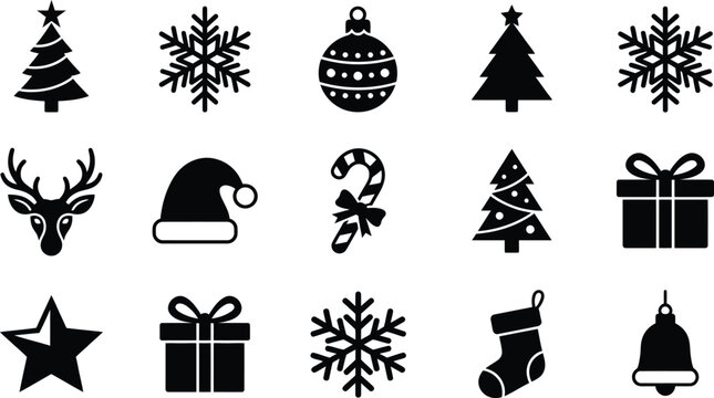 Grid set of black silhouette christmas icons featuring trees snowflakes gifts and holiday symbols holiday collection winter symbols pine tree gift box santa hat