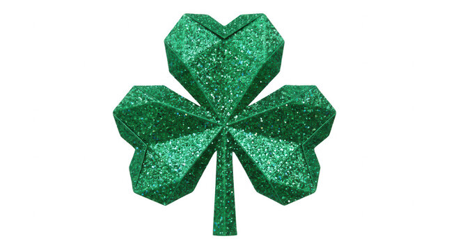 Ein glitzerndes, polygonales Kleeblatt-Symbol in leuchtendem Gr&uuml;n, isoliert auf wei&szlig;em Hintergrund, perfekt f&uuml;r St. Patrick's Day Designs und festliche Dekorationen.