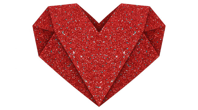 Ein rotes Herz aus glitzerndem Papier im Origami-Stil vor einem wei&szlig;en Hintergrund, ideal als Symbol f&uuml;r Liebe, Romantik, Valentinstag oder als dekoratives Element f&uuml;r Gru&szlig;karten.