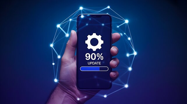 Smartphone software update concept with 90 percent progress and digital network