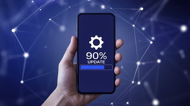 Smartphone software update concept with 90 percent progress and digital network