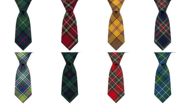 Eine Sammlung von acht eleganten Krawatten mit verschiedenen schottischen Tartan-Karomustern in unterschiedlichen Farben, isoliert auf einem wei&szlig;en Hintergrund f&uuml;r professionelle Mode-Pr&auml;sentationen.