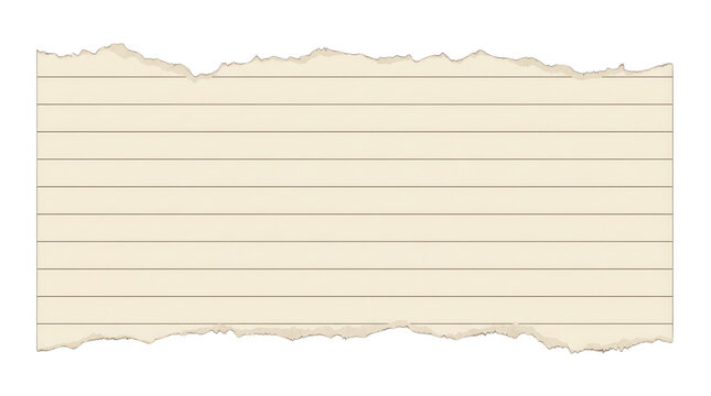 Ein St&uuml;ck zerrissenes, beiges Notizbuchpapier mit horizontalen Linien, isoliert auf einem rein wei&szlig;en Hintergrund f&uuml;r kreative Designprojekte und Textplatzhalter.