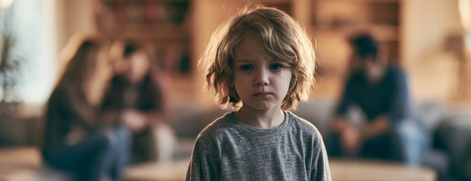 Child boy looking upset while parents argue in living room  