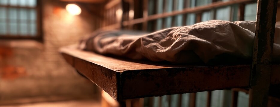 Prison cell bunk with a thin mattress in dimly lit environment  