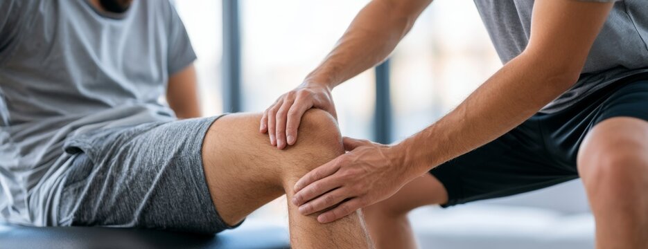 Therapist assisting a man during a rehabilitation exercise in a gym  