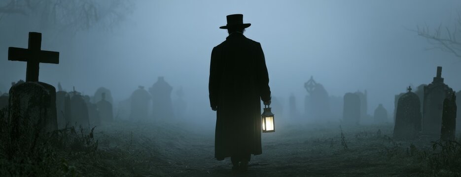 Undertaker in a top hat holding lantern walking through a foggy graveyard  