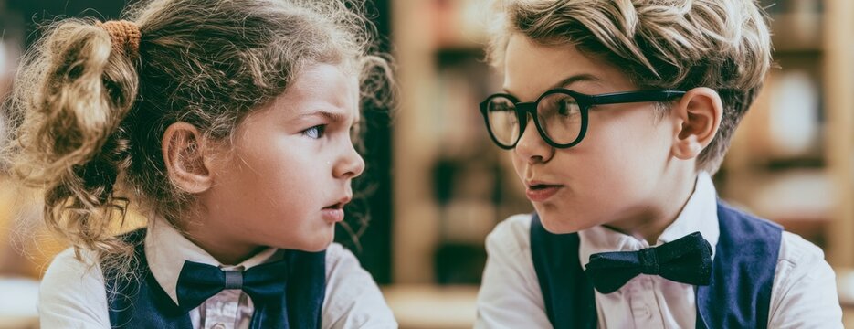 Two children in formal attire arguing in a classroom  