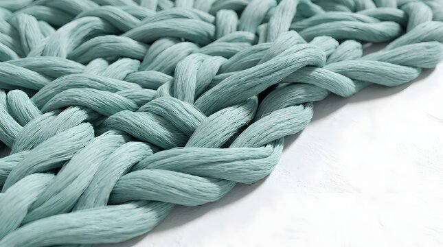 Chunky knit wool fabric with intricate braid texture in pastel blue color for cozy home textile and interior design backgrounds.