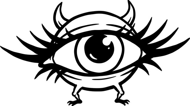Stylized evil eye with sharp lashes and dramatic black ink illustration for dark branding