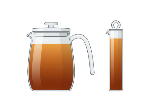 Eine moderne Glaskanne mit Deckel und ein schmales Glasgef&auml;&szlig;, beide gef&uuml;llt mit einem aromatischen braunen Tee oder Kaffee, isoliert auf einem sauberen wei&szlig;en Hintergrund.