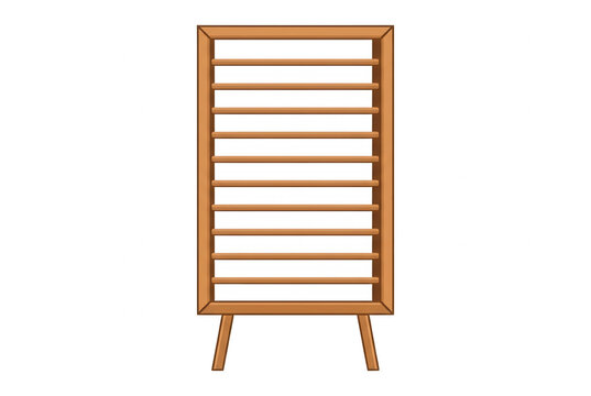 Ein minimalistisches, freistehendes Holzregal mit horizontalen Lamellen im skandinavischen Design, isoliert auf wei&szlig;em Hintergrund f&uuml;r moderne Inneneinrichtung.