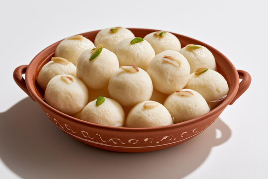 a brown earthenware printed bowl with handles is filled with round white rasgulla sweets in syrup.