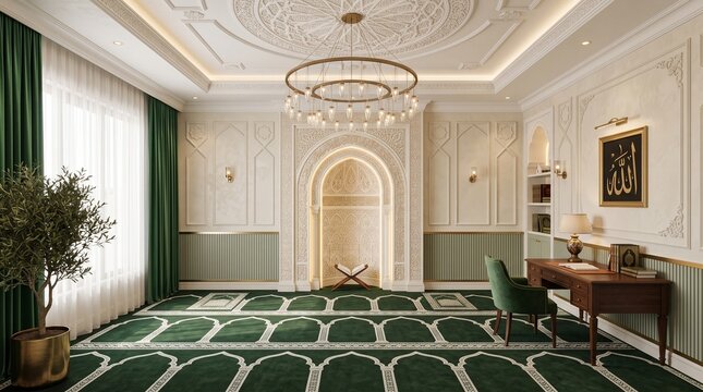 Traditional Islamic prayer room interior with a decorative mihrab and ornate green carpeting featuring arched designs in a peaceful residence setting for spiritual reflection and daily devotion