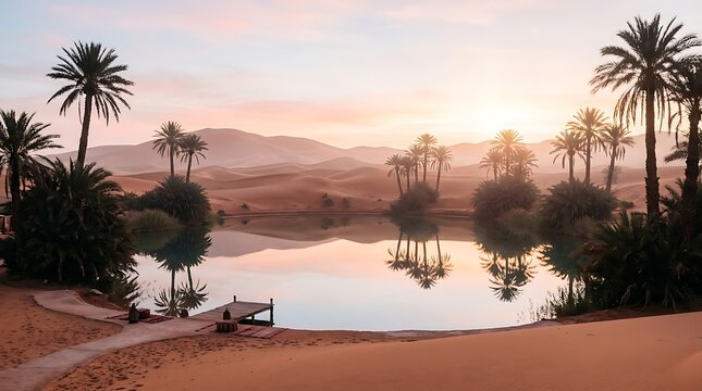 Serene desert oasis with calm lake and palm trees at sunset, reflecting the warm sky and sand dunes