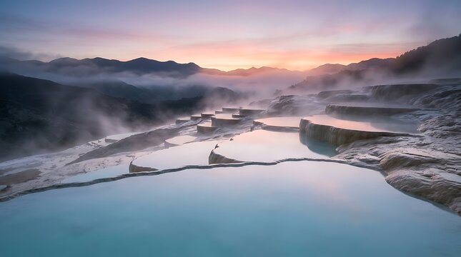 Breathtaking natural hot springs terraces bathed in the soft hues of dawn, creating a serene and ethereal landscape