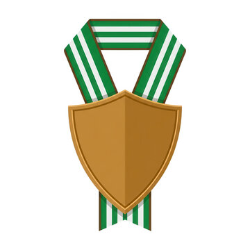 Eine bronzene Medaille in Schildform mit einem gr&uuml;n-wei&szlig; gestreiften Band, isoliert auf wei&szlig;em Hintergrund, perfekt als Symbol f&uuml;r Auszeichnungen, Wettbewerbe und sportliche Erfolge.