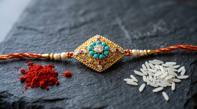 Exquisite gold and turquoise stone rakhi on dark stone background with kumkum and rice grains