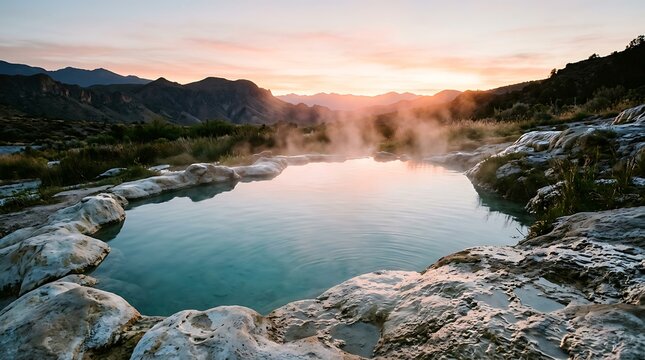 Steam rises from a natural hot spring pool surrounded by rocks and arid vegetation at sunset