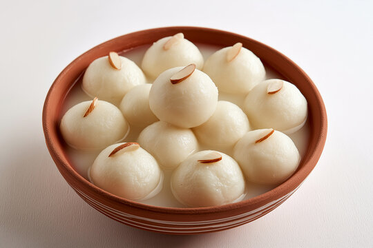 a brown earthenware printed bowl with handles is filled with round white rasgulla sweets in syrup.