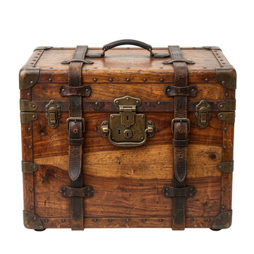 Eine antike Holztruhe mit Lederriemen und Messingbeschl&auml;gen isoliert auf wei&szlig;em Hintergrund, die ein nostalgisches Reisegef&uuml;hl und klassisches Vintage-Design vermittelt.