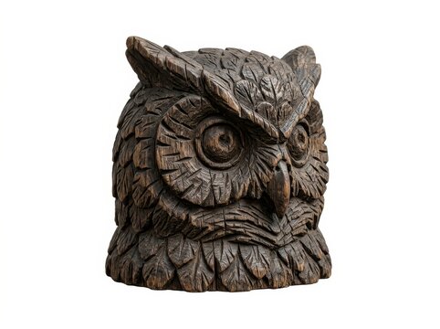 Detailed Wood Owl Carving Sculpture on White Background