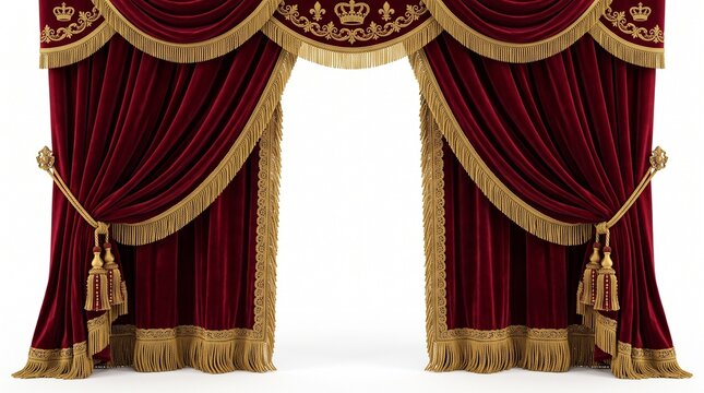 Luxury red velvet theater curtains with golden embroidery isolated on white background