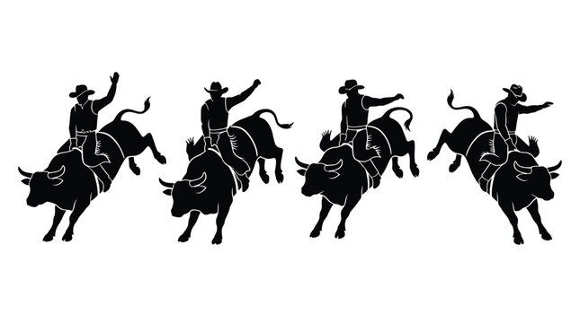 Cowboy bull riding vector illustration set featuring black silhouettes of energetic rodeo riders competing on bucking bulls in dynamic poses