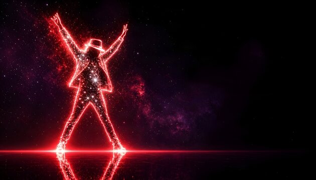 Glowing red energy silhouette of a male dancer wearing a hat striking a dynamic pose against a dark cosmic background with purple nebula and glowing stars. Concept of performance.
