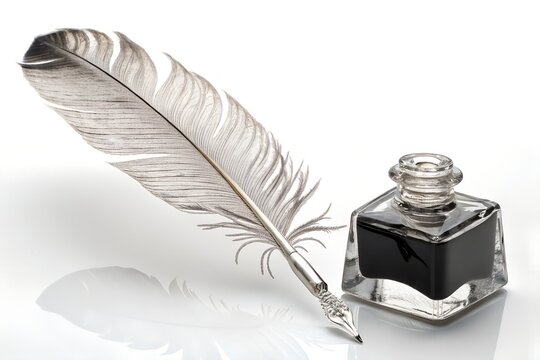 Silver feather quill pen resting beside a glass inkwell on a white table