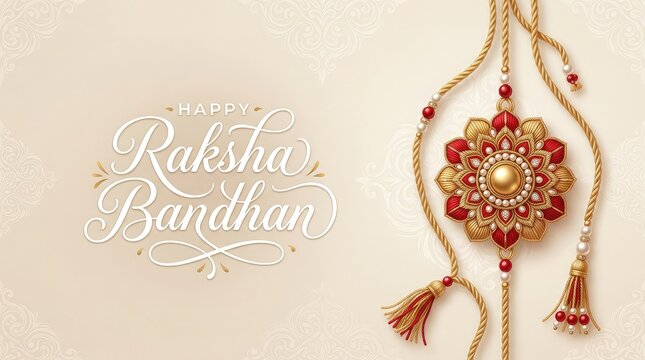 Happy Raksha Bandhan minimal beige banner with hanging handcrafted beaded rakhi threads