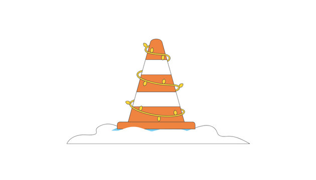 Orange safety traffic cone decorated with glowing fairy lights resting on a snowy ground during the winter holiday season.