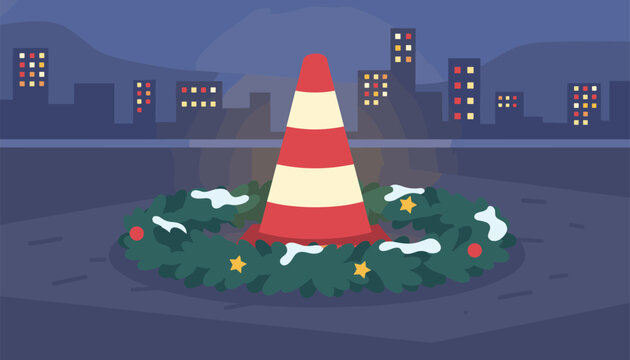 Orange and white traffic cone stands in the center of a Christmas wreath on a dark city street at night under a purple sky.