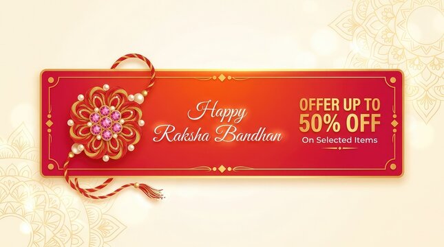 Happy Raksha Bandhan offer banner with up to 50% off tag, red decorative frame, and rakhi thread