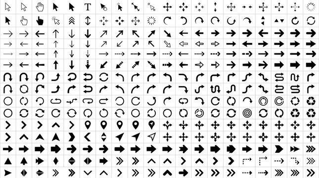 Large collection of black cursor and arrow vector icons for UI web design navigation interface set