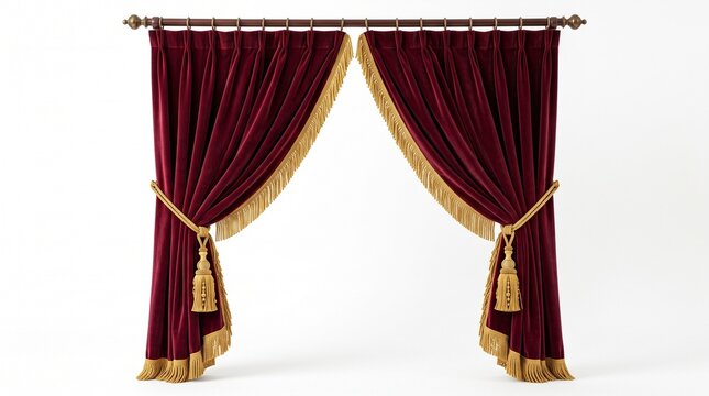 Elegant red velvet curtains with gold fringe and tassels isolated on white background