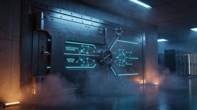 Futuristic High-Tech Bank Vault Door with Glowing Blockchain and Quantum Encryption Interface in Server Room