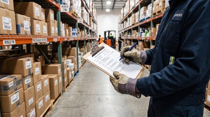 Fototapeta premium Warehouse worker checking inventory list on clipboard in large distribution center, logistics and supply chain management, industrial storage facility with shelves and boxes