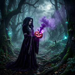 Fototapeta premium Hooded witch with smoking pumpkin in dark forest.