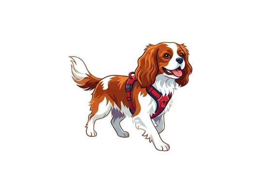 Cute Cavalier King Charles Spaniel dog wearing red walking harness vector illustration isolated on white background, happy Blenheim pet portrait clip art.